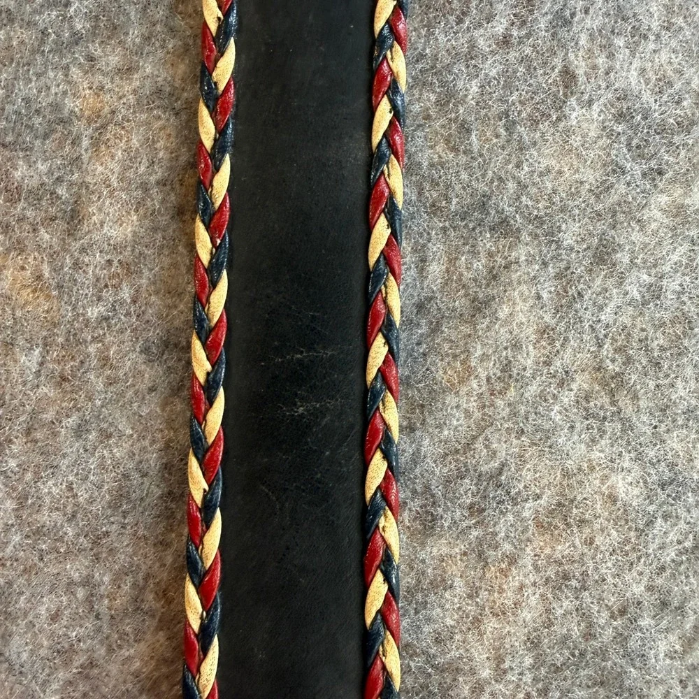 Leather Belt Women 38 Cowhide Leather Black Red White Blue Braided Trim Western